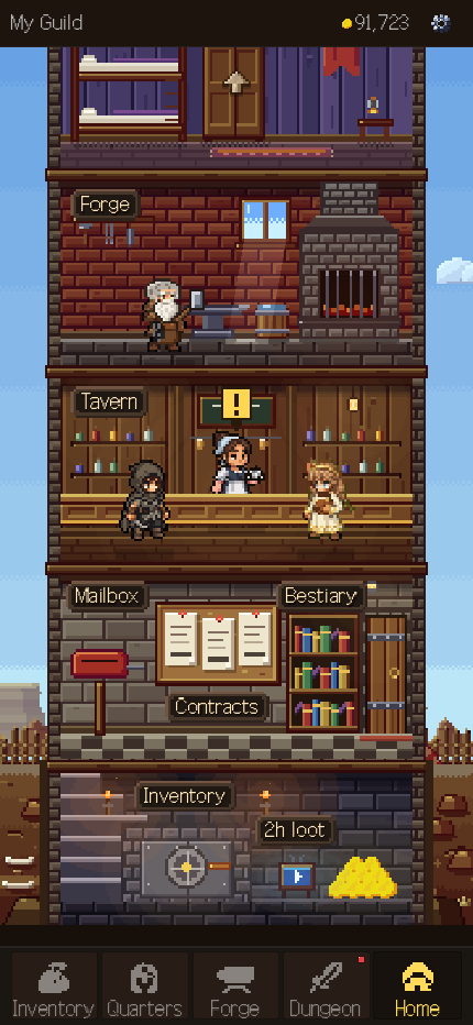 The guild building: storage, forge, tavern, mailbox and quarters stacked floor by floor.