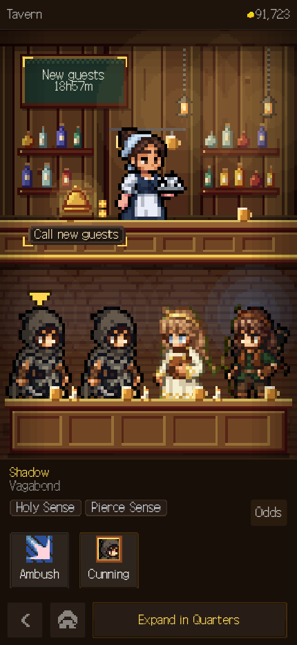 The tavern, with the guests who arrived today and their traits.