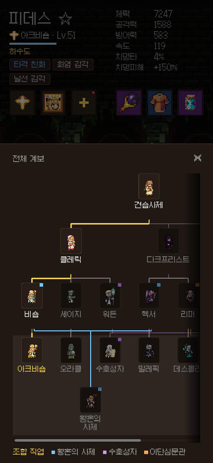 전직 경로 화면. 다섯 계열에서 상위 직업으로 갈라진다.